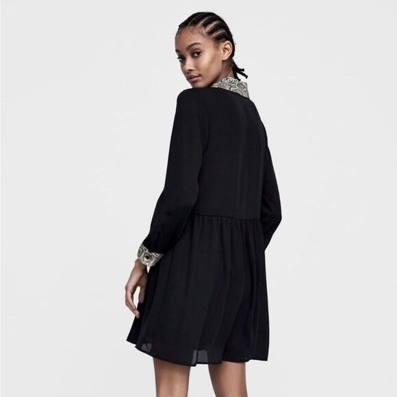 Zara Basic Black Python Snake Trim Mini Dress Size Medium Animal Print Goth - Picture 3 of 15